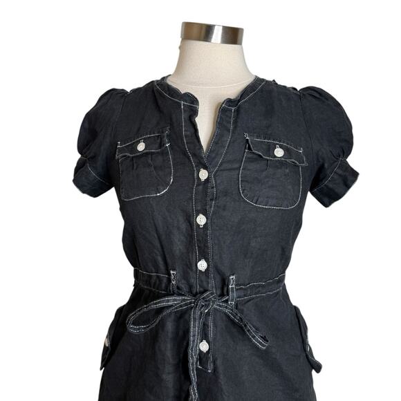 Anthropologie Maeve Black Linen Button Front Tie Waist Dress Womens Size 0 - Picture 4 of 11